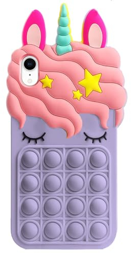 CaseTown Schutzhülle für iPhone XR, lila Einhorn-Hülle, 3D-Cartoon-Motiv, weiche Silikon-Gummi-Charakter-Hülle, animierte, stilvolle Schutzhülle mit Riemen, für Kinder, Teenager, Mädchen