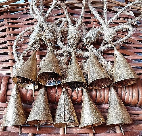 HIGHBIX Kuhglocken im Vintage-Stil, rustikal, zylindrisch, Zinn, handgefertigt, Weihnachtsdekoration, Glocken mit Juteseil, 10 Stück
