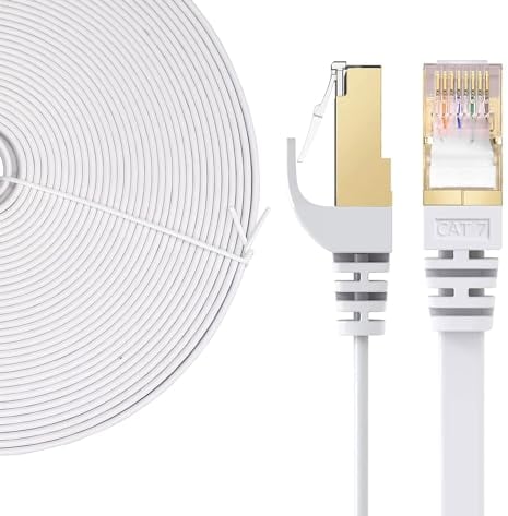 Elfcam® - 15m LAN Kabel Netzwerkkabel Cat 7 Ethernet Kabel mit Vergoldetem RJ45 Stecker Flach und Dünn, 100% Kupfer Starres Verlegekabel, STP, 32 AWG, Weiß (15m)