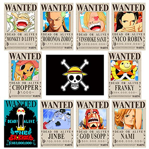 TYZZHOA 11 PCS Anime [OP] Wanted Bounty Posters, Nika Luffy 3 billion Updated Bounty Edition, 10 Straw Hat Pirates Crew Zoro, Sanji, 1 PC [OP] Flag (15×11in)