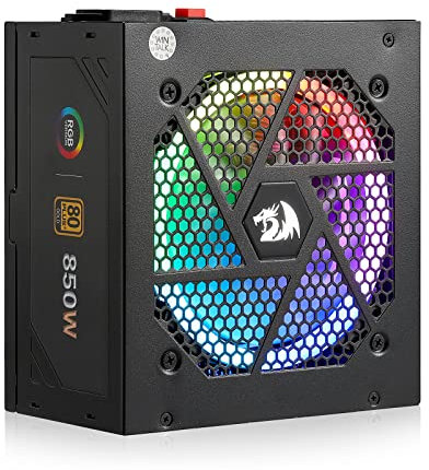 Redragon 80+ Gold 850 Watt ATX Fuente de alimentación Totalmente Modular con certificación 80 Plus Gold, 160 mm y Ventilador RGB de bajo Ruido 0 RPM, condensadores 100% japoneses, Cables Mod Completo