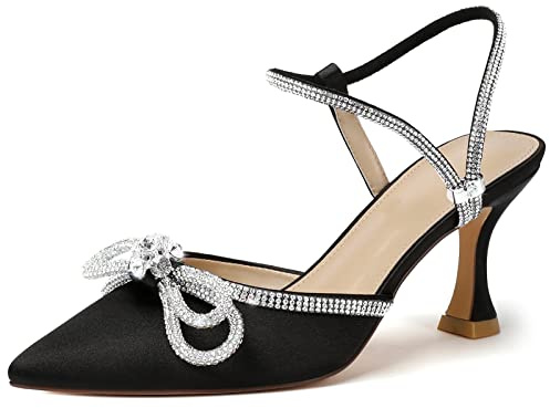 Susanny Black Rhinestone Heels for Women Sparkly Bow Heels Sexy Evening Party Ankle Strap Closed Toe Pumps Office Kitten Heels Dress Heeled Prom Shoes 10