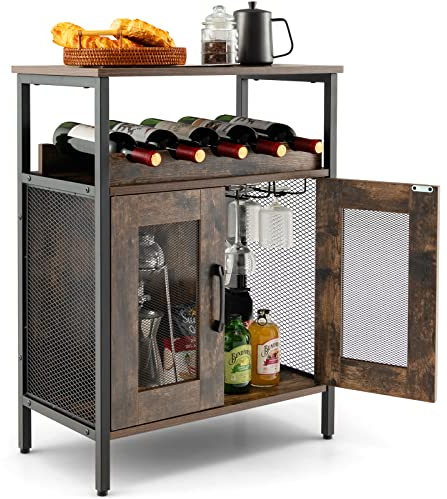 GOPLUS Weinbarschrank aus Holz, Küchenschrank mit abnehmbarem Weinregal & 6 Glashalter, Sideboard mit Metallgittertüren Industriell für Küche & Esszimmer