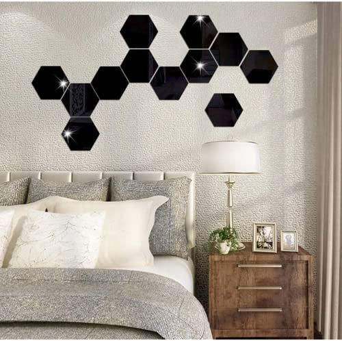 BaoT8YLu 36 Stück Hexagon Spiegel Wandspiegel Fliesen Glasspiegel Polygonal Spiegel Home Schlafzimmer Wohnzimmer Spiegel(Schwarz,Einheitsgröße)