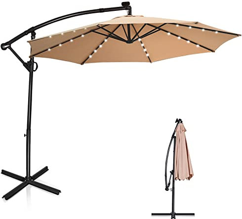 GOPLUS 3M Parasol Deporte avec 32 LED Solaires, Parasol de Jardin Extérieur 8 Baleines avec Tissu Protection Solaire, Parasol Inclinable Rotatif à 360° pour Patio, Terrasse, Base Non Incluse (Beige)
