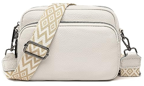 DXIOKO Crossbody Bag Damen Breiter Gurt, Echtes Leder Umhängetasche Damen Klein Schultertaschen, Mode Crossbag Damen Handytasche Zum Umhängen mit 3 Reißverschlussfächern, Beige