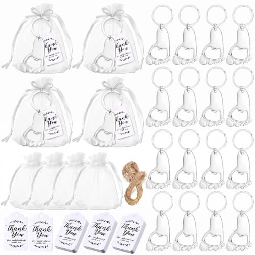 HERCHR Apribottiglie Per Bambini, Confezione da 24 Apribottiglie Portachiavi con Impronte di Bambini con Sacchetti di Organza Ed Etichette di Ringraziamento Bomboniere Per Baby Shower Per Gli Ospiti