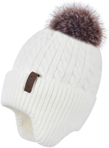 FENELY Damen Strickmütze Warme Beanie Wintermütze Kaschmir Innenschicht Warme Chunky Schneemütze mit Pompon, Weiss/opulenter Garten, Einheitsgröße