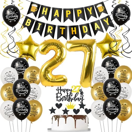 Deko 27 Geburtstag Deko Mann Frauen, Luftballon 27. Geburtstag Schwarz Gold, Geburtstagsdeko 27 jahre Mann Luftballon, Tortendeko 27. Männer Geburtstagsdeko 27 jahre für Frau