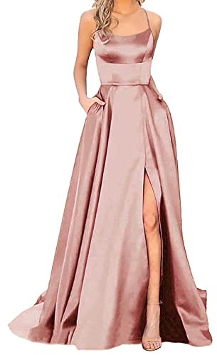 Damen Elegant Lange Ballkleider mit Taschen Satin A-Linie Backless Hochzeitskleid Abendkleider Sexy Neckholder Spaghetti Brautkleid Kleider Lang Prinzessin Brautjungfer Kleid (A02 Rose Gold, M)