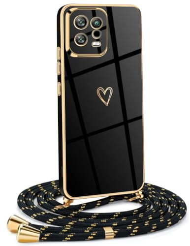 Frauen Mädchen Handykette Kompatibel mit Xiaomi 13 5G - Silikon Hülle mit Band - Handyhülle für Xiaomi 13 5G Herz Love Design Galvanik - in schwarzes Gold