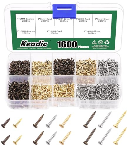 Keadic Kleine Nägel, kleine Nägel für Holzhandwerk, 6 mm, 8 mm, 10 mm, kleine Holznägel, Mini-Nägel für Holz, DIY, dekorative Bilder, Boxen (Gold/Silber/Bronze), 1600 Stück