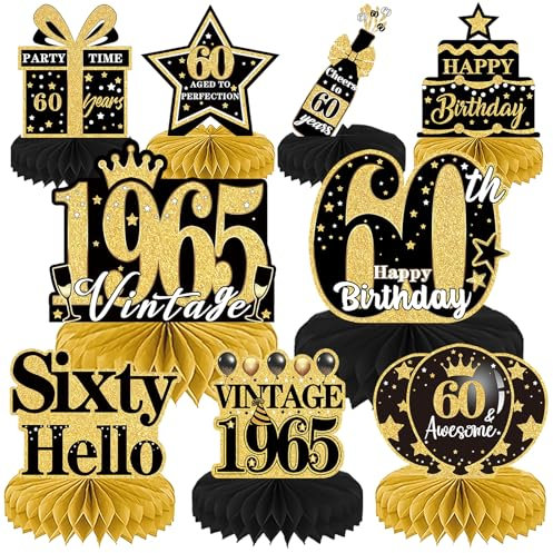 Luvart 60th Birthday Decorations-9pcs 60th Birthday Decorations for Men Black and Gold Table Decorations for Birthday Party Men Women Honeycomb Decs Vintage 60th Birthday Table Decorations