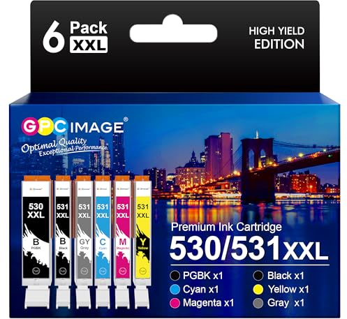 GPC IMAGE 530 531 XXL TS8750 Patronen Kompatible für Canon PIXMA TS8750 BK PIXMA TS8751 WH Druckerpatronen PGI530 CLI531 PGI-530PGBK CLI-531 (6er-Pack, Grau PGBK Schwarz Cyan Magenta Gelb)