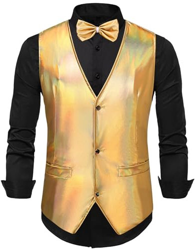 Panegy Herren Glitzer Weste Glänzende Pailletten Anzug mit Fliege Set V-Ausschnitt Anzugweste Festlich Kostüm Herstellergröße XL/DE Größe XL-A-Gold