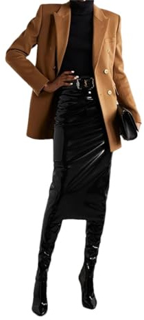 Pohullan Frauen Hohe Taille Misi Rock Glänzende Lackleder Bleistift Röcke Reißverschluss Sexy Stretch PVC Rock, Schwarz , XXXL