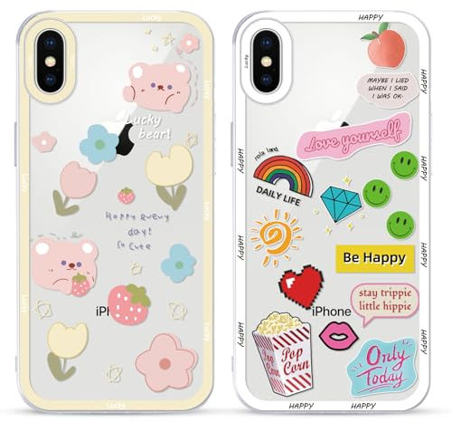 Yoedge 2 Pack Set Suitable for iPhone XS Max Transparent 6,5, Phone Case With Cute Bear Cute Fun Aesthetic Pattern Cover, Soft Glass Silicone Shockproof Protective, for iPhone XS Max