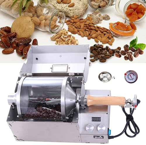 1200W Household Electric Coffee Roaster,500G Quartz Glass Drum Coffee Bean Roaster Machine w/Solid Wood Handle + Thermometer,Adjustable Temperature(20-300℃) + Speed(10~60RPM),for Grain Dry
