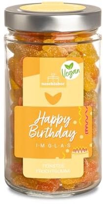 Vegan Happy Birthday im Glas 530g | Fruchtgummi Geburtstagsgeschenk | Fruchtige Gummibärchen im XL-Vorratsglas | Das perfekte Geschenk zum Geburtstag für Groß und Klein