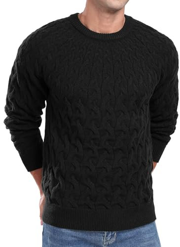 QIXING Men's Jumpers Cable Knit Crew Neck Jumper for Men UK Casual Long Sleeve Sweaters Pullover Tops with Ribbed Edge (Black, XL)