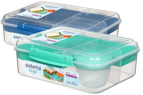 Sistema TO GO Bento Box Cubes | 1.65 L | School Lunch Boxes With Compartments & Snack Pots | BPA-Free | 2 Count | Minty Teal & Ocean Blue