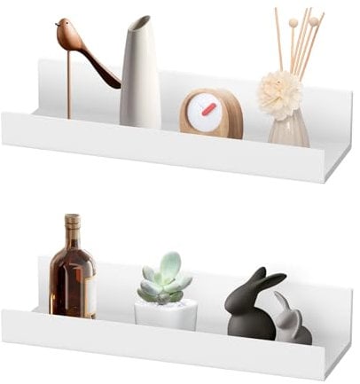 TPTGIAR 2 Pièces Etagere Murale sans Percage, 27cm Etagere sans Percage en Plastique, Etagere sans Percer Autocollants, Etagere Murale Blanche pour Cuisine la Salle de Bain Chambre à Coucher