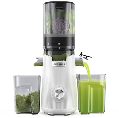 ACOQOOS Entsafter, Entsafter für Ganze Gemüse und Obst, 135 mm Breite und Größere Fütterungsröhre, 1,8 L Füllvolumen, Leicht zu Reinigender Slow Juicer mit 2 Gläsern, Elektrische Saftpresse, Weiß