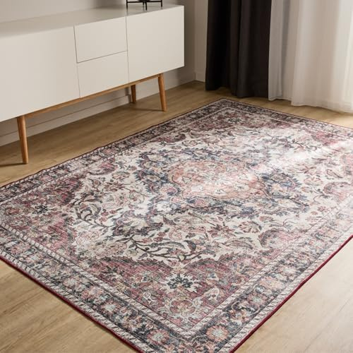 benuta Basic Waschbarer Teppich George - Multicolor/Rot 80x150 cm - Kunstfaser - Rechteckig & im Style: Vintage, Elegant, Retro - Pflegeleicht für Wohnzimmer Schlafzimmer