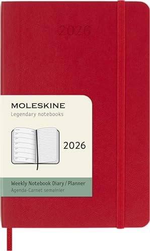 Moleskine Wochenplaner, Wochenagenda 2026 12 Monate Mit Platz Für Notizen, Mit Weichem Einband und Elastischem Verschluss, Pocket-Format 9x14, Farbe Rot