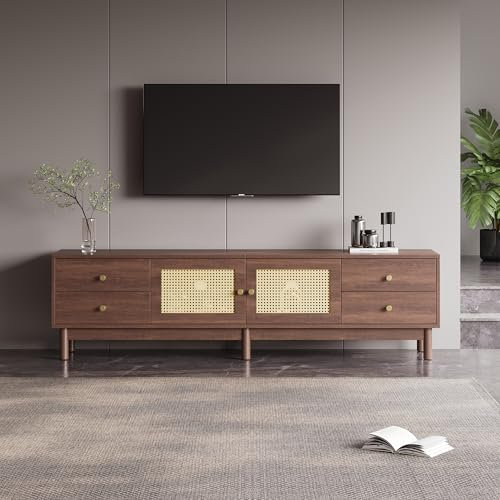 Shye Mueble para TV de 180 cm de largo, efecto madera oscura, con dos puertas de ratán, cuatro cajones, gestión de cables y bisagras hidráulicas, apto para televisores de hasta 80 pulgadas