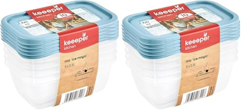 keeeper Lot de 10 Boîtes Congélation, Couvercle Réinscriptible, 5 x 500 ml, 15,5 x 10,5 x 6 cm, Mia Magic Ice, Nordic Blue
