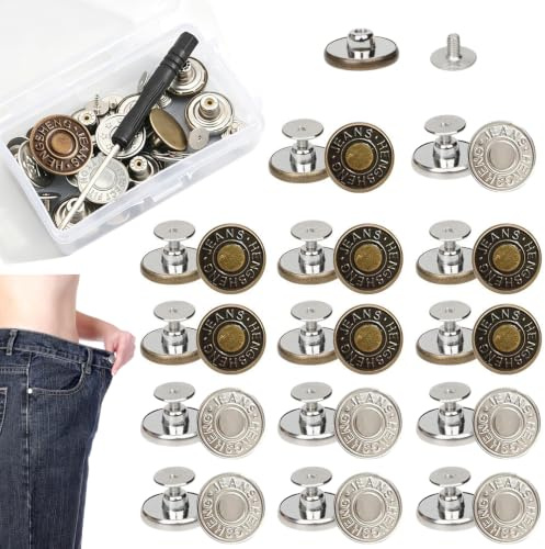 14 Pcs Jean Buttons for Jeans, 17mm No Sew Adjustable Jeans Buttons, Waist Tightener Clips, Removable Metal Button with Screwdriver Replacement Jean Button for Jeans, Pants, Bags, Denim Clothing