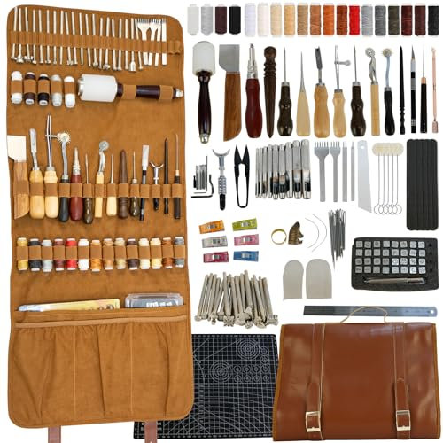 Kit de herramientas de cuero con bolso de cuero, herramientas de tallado de cuero, kit de costura de cuero, herramientas de trabajo de cuero, para estampar costura, tallar, perforar, trabajar en cuero