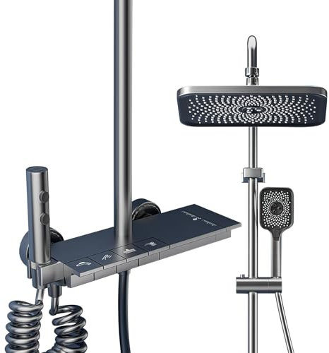 Duschsystem mit Thermostat, Duscharmatur Komplettset mit Quadratische Regendusche Duschkopf, 3 Strahlarten Duschkopf, Regendusche mit Armatur, Duschset (Ohne LED)