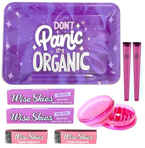 Wise Skies Rolling Kit with Medium Tray Pink Prep Tool King Size Natural Papers Pre Rolled Cones and Filter Tips Gift Set