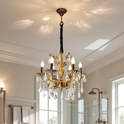 Vrygle Kristall Kronleuchter Vintage Gold, 6-flammig, Pendelleuchte mit E14 | Kristall Hängeleuchte mit 6 E14 LED-Filamentlampen, Kerzenoptik, Kette bis 99 cm, für Wohnzimmer, Esszimmer & Schlafzimmer