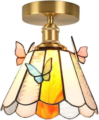 Buntglas Deckenleuchte E27 Vintage Deckenlampe Metall mit Glas Lampenschirm Tiffany Stil Hängelampe Schmetterling Lampe Deko Flurlampe Retro 3000K Warmes Licht für Wohnzimmer Schlafzimmer Küche