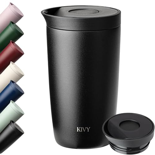 KIVY Tazza Termica 350ml [BICCHIERE CAFFÈ DA ASPORTO] - Thermos in Acciaio Inox Per Caffè o Tè - Bicchiere Termico Da Viaggio - Bicchiere da Caffè Lavabile in Lavastoviglie e Antigoccia - Nero | Bicchiere da caffè isolato riutilizzabile in acciaio inox, a prova di fuoriuscite, tazza da viaggio – Tazza termica per