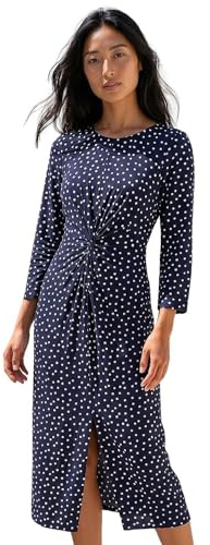 Roman Fit and Flare Dress for Women Ladies Chest Twist Knot Ruched Tea Skater Empire Waist Wedding Guest Smart Casual Swing Midi 3/4 Long Sleeve Knee Length