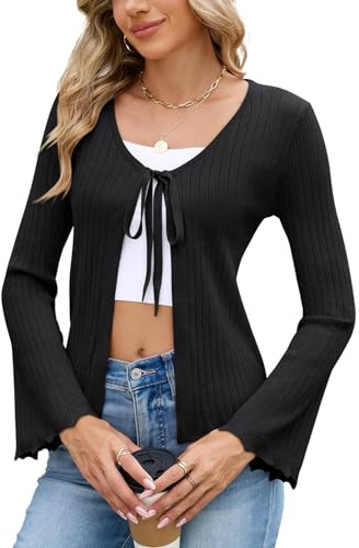 Akiooue Women's Cozy Lightweight V Neck Cardigans Ladies Knit Cardigans | Long Sleeve Open Tie Front Knitted Autumn Cardigans, Summer Casual Soft Crochet Cropped Shrugs