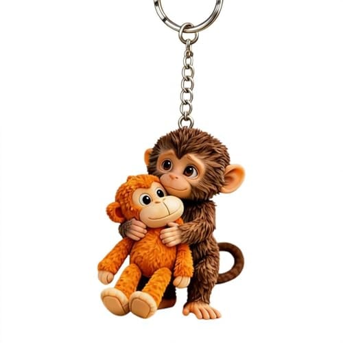 tkerinse Protect Punch The Monkey Schlüsselanhänger, 3D, niedlicher Affe hält Plüschtier, Freundschaftsgeschenke für Kinder und Erwachsene, Braun 1, 1 Stück