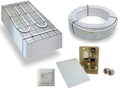 Warmwasser Tackerplatte Fußbodenheizung HoWaTech TAC Komplett Set 5/10m² Dämmplatte 20mm EPS WLG 045 DES und E-Regelbox Standard, Heizfläche:5.00m²