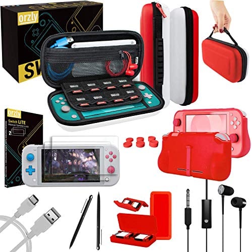 Orzly Switch Lite Accessories Bundle - Case & Screen Protector for Nintendo Switch Lite Console, USB Cable, Games Holder, Comfort Grip Case, Headphones, Thumb-Grip Pack & More - Poke