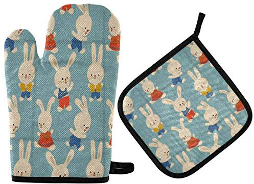 RXYY Karikatur Hases Muster Ofenhandschuhe Gesteppt Baumwolle Beschichtung Topflappen BBQ Handschuhe-Ofenhandschuhe Hitzebeständig Küche Sicher Matten für Backen Kochen