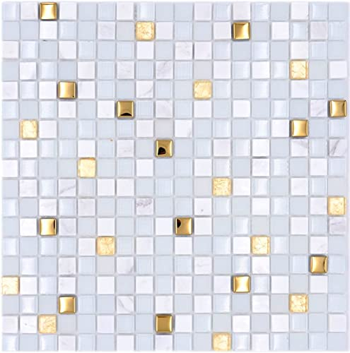 Piastrelle a mosaico in vetro naturale, pietra naturale, pietra EP mix, bianco e oro