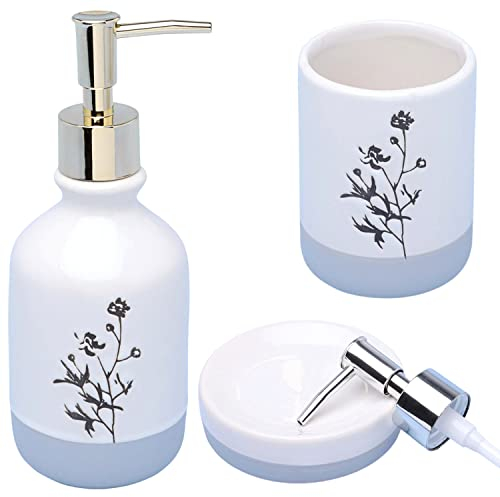 G Decor White Black Flower Print Cream Gold + Chrome Pump Ceramic 3-Piece Bath Accessory Set, Includes Liquid Soap or Lotion Dispenser, Toothbrush Holder or Tumbler, Soap Dish (Artistic Flowers)