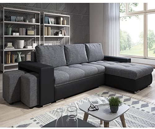 lestockdesign Canapé d'angle Simon 255 cm - Convertible et réversible avec Coffre - 3 Places - Simili Noir/Tissu Gris + 2 poufs