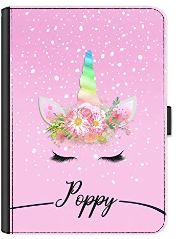 Personalised Initial Ipad Case For All Apple iPad Models 10, 9, 8, 7, 6, Air 11, Pro 12.9,13 inch, Mini, Pink Snow Unicorn with Custom Black Name Line, 360 Swivel Leather Side Flip Wallet Folio Cover