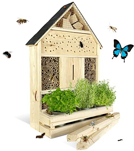 GARTENETAGE Stehendes Insektenhotel XXL mit Schieferdach und Pflanzenoase Kräuterparadies - inkl. Anzuchtset/Naturbelassenes, massives Insektenhaus & Bienenhotel/Insektenhotel zum Aufstellen