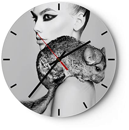 Modern Wanduhr Chinchilla Frau Porträt 40x40cm Rund Groß Wand Uhr Glas Analog Zimmeruhren Küche Büro Wohnzimmer Glasuhr Wall Clock Dekoration Design Wanddekoration Küchenuhr C3AR40x40-4278